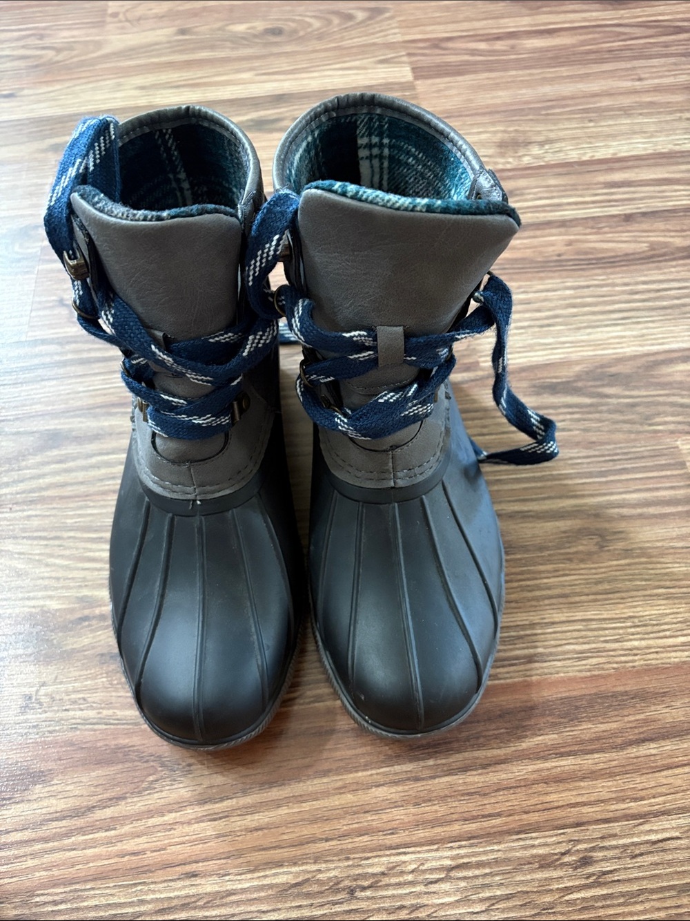 Maurices Gray Duck Boots with Blue Laces